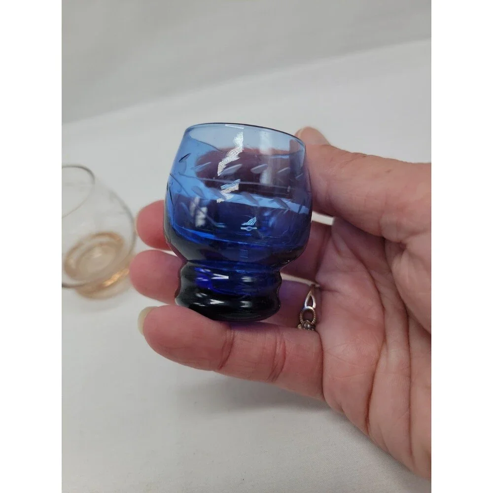 2 Vintage Multi Colored Etched Shot Saki Cordial Glasses Japan